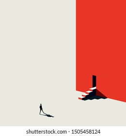 Business career opportunity vector concept with minimalist design. Businessman walking to steps. Symbol of motivation, ambition, achievement, challenge. Eps10 illustration.