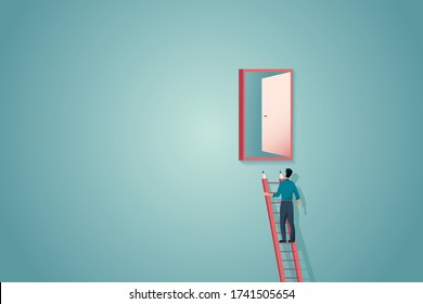 Business or career opportunity vector concept with man on ladder in front of door. Symbol of entrepreneur, challenge, freedom, decision and chance. Eps10 illustration.