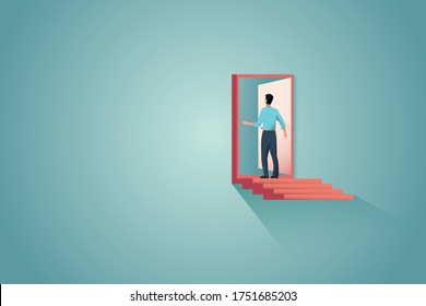 Business Or Career Opportunity Vector Concept With Man On Ladder In Front Of Door. Symbol Of Entrepreneur, Challenge, Freedom, Decision And Chance. Eps10 Illustration.
