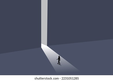 Concept vectoriel d'opportunité d'affaires ou de carrière avec femme d'affaires à la porte. Symbole du nouvel emploi, du succès, de l'ambition et de la motivation. Concept de planification et de stratégie.
