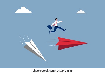 Business and career path concept. Businessman jump over the new paper plane illustration.