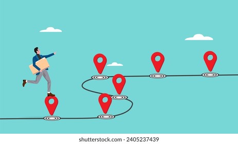 business career process flat vector illustration with businessman jump across achievement location milestones, project milestone or business journey achievement. process timeline to success concept