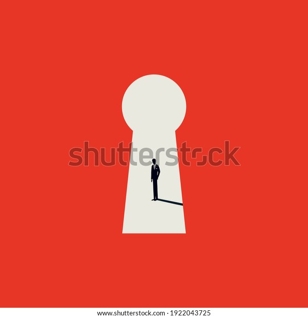 Business career solution vector concept\
with businessman standing in a keyhole. Symbol of challenge,\
success. Minimal art eps10\
illustration.