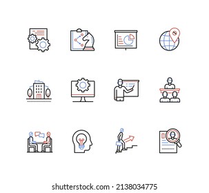 Business and career strategy - line design style icons set with editable stroke. Career ladder and advancement, management, statistics and data, meeting, good idea, recruitment, resume, office work