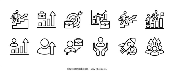 Conjunto de Vector de icono de línea delgada de carrera comercial. Conteniendo promovido, escalada, crecimiento, flecha de crecimiento, rango, éxito, progreso, avance, mejorar, logro, inicio, empleo, trabajo, desarrollo