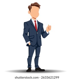 Business cartoon character in dark blue suit and red tie, thumbs up with confident posture on white background