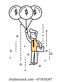 Business cartoon character flying in the sky with balloon. flat line design elements. vector illustration