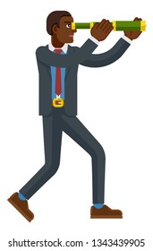 A business cartoon character mascot looking through a telescope or spyglass concept