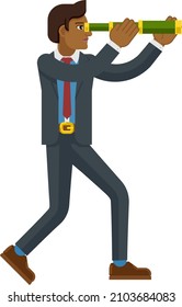 A business cartoon character mascot looking through a telescope or spyglass concept