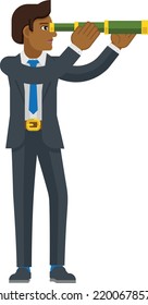 A business cartoon character mascot looking through a telescope or spyglass concept