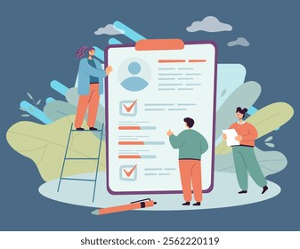 Business cartoon characters filling in application forms. Questionnaire for survey research, poll, medical papers flat vector illustration. Health insurance, agreement concept for website design