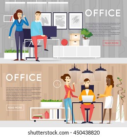 Business cartoon characters. People talking and working at the computers. Office workplace interior. Co working center. Open space. Room to work and study. Banners. Flat design vector illustration.