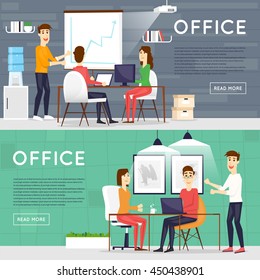 Business cartoon characters. People talking and working at the computers. Office workplace interior. Co working center. Open space. Room to work and study. Banners. Flat design vector illustration.