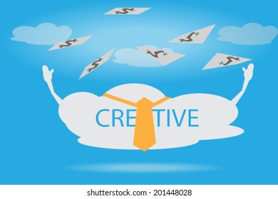 Business cartoon concept, business creative cloud catch cash money in the air, blue sky background, EPS 10 vector