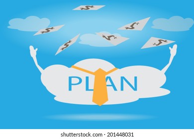Business cartoon concept, business plan cloud catch cash money in the air, blue sky background, EPS 10 vector