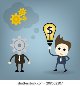 Business cartoon concept vector set , business man thinking idea for control gear employee same machine for make money