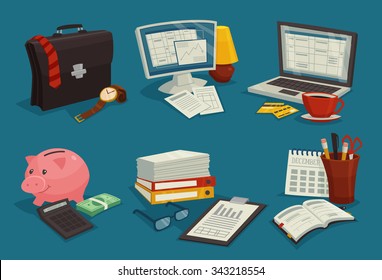 Business cartoon icons set with elements of workplace  isolated vector illustration 