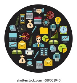 Business cartoon icons set vector illustration for design and web isolated on black circle. Business vector object for labels, logos and advertising