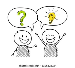 Business cartoon people with speech bubbles and icons. Vector