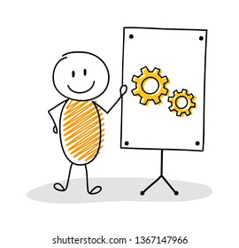 Business cartoon person with whiteboard and cog - wheel icon. Vector