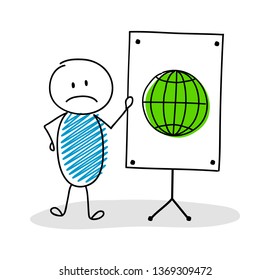 Business cartoon person with whiteboard and globe icon. Vector