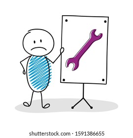 Business cartoon person with whiteboard and wrech - work icon. Vector