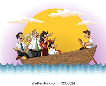 Business Cartoon Team On Boat