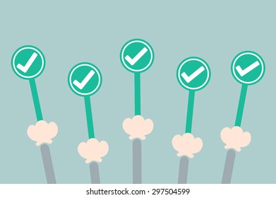 business cartoon vector, hand businessman raise up check mark plate for vote