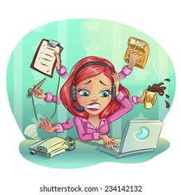 Business cartoon woman hard working in office. Many tasks concept, Vector illustration clip art