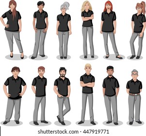 Business cartoon young people wearing black polo-style shirt