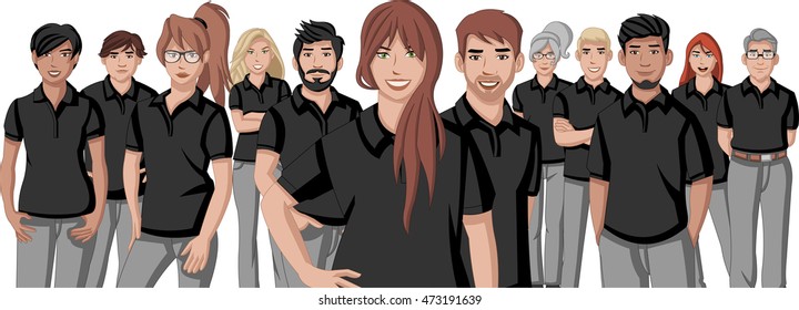 Business cartoon young people wearing black polo shirt
