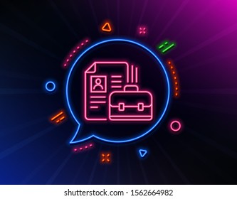 Business case with CV line icon. Neon laser lights. Portfolio symbol. Vacancy or Hiring sign. Glow laser speech bubble. Neon lights chat bubble. Banner badge with vacancy icon. Vector