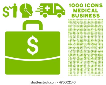 Business Case icon with 1000 medical commerce eco green vector pictograms. Design style is flat symbols, white background.