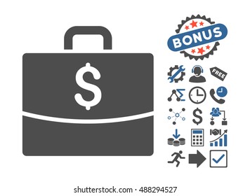 Business Case icon with bonus icon set. Vector illustration style is flat iconic bicolor symbols, cobalt and gray colors, white background.