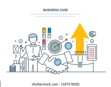 Business case, investment research. Analysis benefits, risks, development of business projects. Marketing research, portfolio, financial market benefits, profitable investment. Illustration thin line