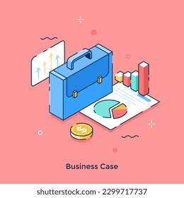 Business Case isometric concept vector illustration. Initiating successful project. Commerce cartoon composition on pink background for web design. Creative idea for website, mobile, presentation
