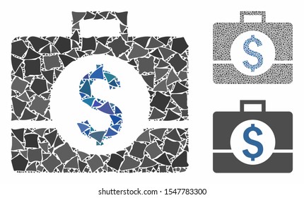 Business case mosaic of humpy parts in various sizes and color tones, based on business case icon. Vector rough pieces are organized into collage. Business case icons collage with dotted pattern.