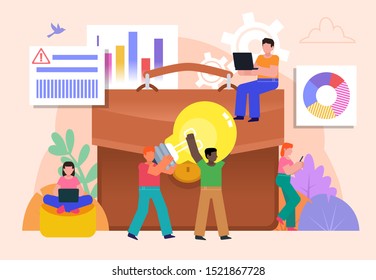 Business case, office work concept. Group of people stand near big business case, charts. Poster for social media, web page, banner, presentation. Flat design vector illustration