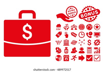 Business Case pictograph with bonus pictures. Vector illustration style is flat iconic symbols, red color, white background.