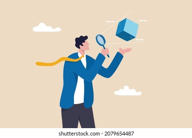 Business case study or marketing research, analyze product prototype or competitor, learning or search for strong and weakness concept, smart businessman use magnifying glass to analyze floating cube. - Shutterstock ID 2079654487