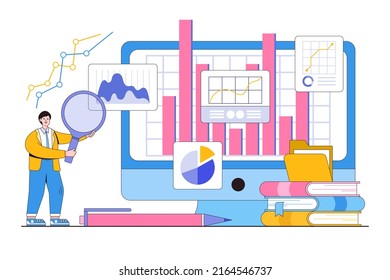 Business case study or marketing research, analyze product prototype or competitor, learn or search for strong and weak concepts. Businessman use magnifying glass analyzing data, graph and reports.