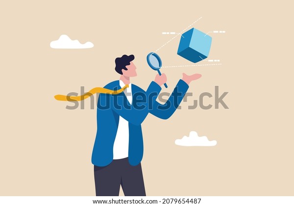 Business case study or marketing research, analyze\
product prototype or competitor, learning or search for strong and\
weakness concept, smart businessman use magnifying glass to analyze\
floating cube.