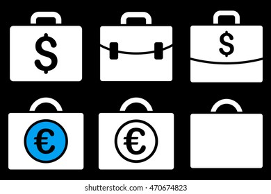 Business Case vector icons. Pictogram style is bicolor blue and white flat icons with rounded angles on a black background.