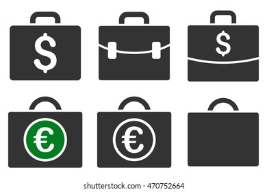 Business Case vector icons. Pictogram style is bicolor green and gray flat icons with rounded angles on a white background.