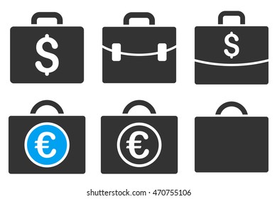 Business Case vector icons. Pictogram style is bicolor blue and gray flat icons with rounded angles on a white background.