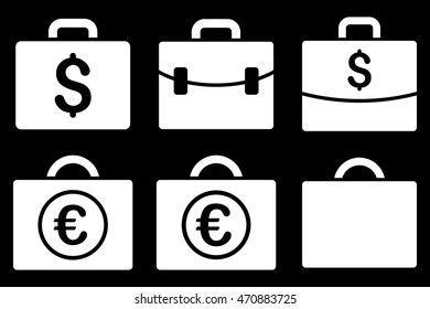 Business Case vector icons. Pictogram style is white flat icons with rounded angles on a black background.