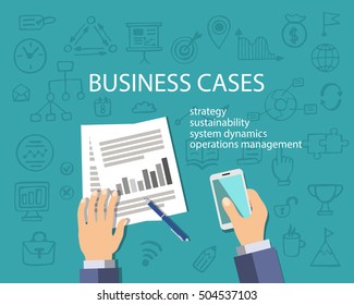 Business cases concept, top view. Businessman at work. Research, study, report. Flat style and doodle icons in background, vector illustration.