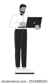 Homem preto casual de negócios de pé com laptop digitando preto e branco 2D personagem linha. O homem de negócios afro-americano óculos trabalhando isoladamente vetor delineia pessoa. Ilustração de ponto monocromático