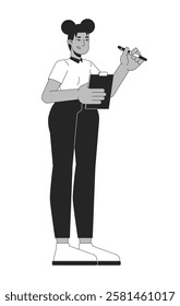 Business casual black woman holding clipboard pen black and white 2D line character. African american corporate female writing notes isolated vector outline person. Monochromatic spot illustration