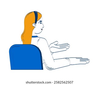 Business casual blonde woman gesturing while seated in chair 2D doodle character. Discussion. Female conversational pose cartoon person vector drawing isolated on white. Hand drawn illustration